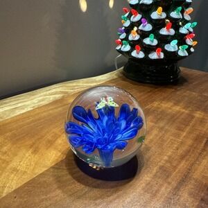 Glass Paperweight Blue Flower & Butterfly Encased Studio Orb Sphere 3" MCM